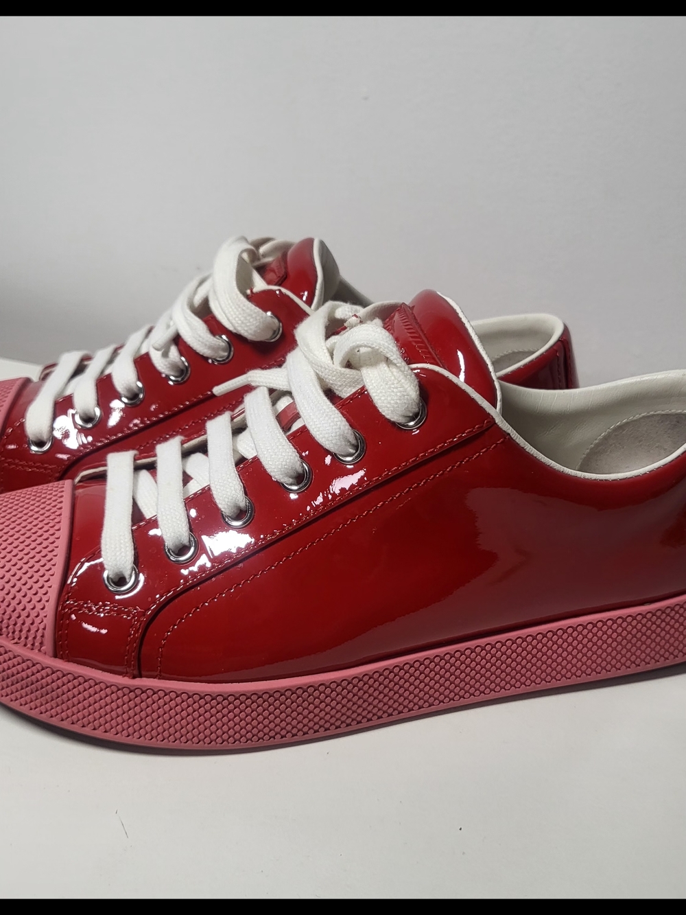 Prada Women's Red Patent Sneakers with Pink Toe Cap - Picture 2 of 10
